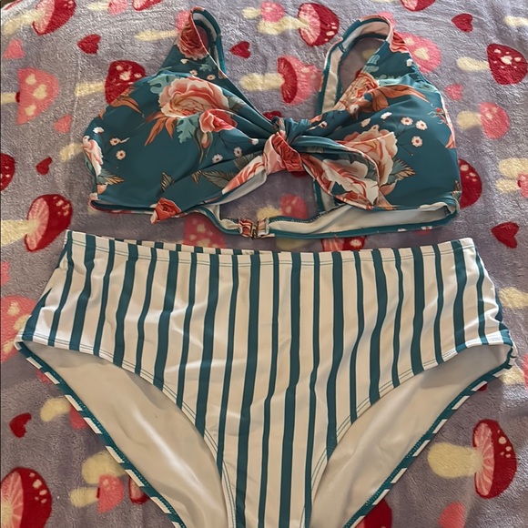 High-Waisted Blue and White Striped Bikini Bottom - Picture 1 of 5